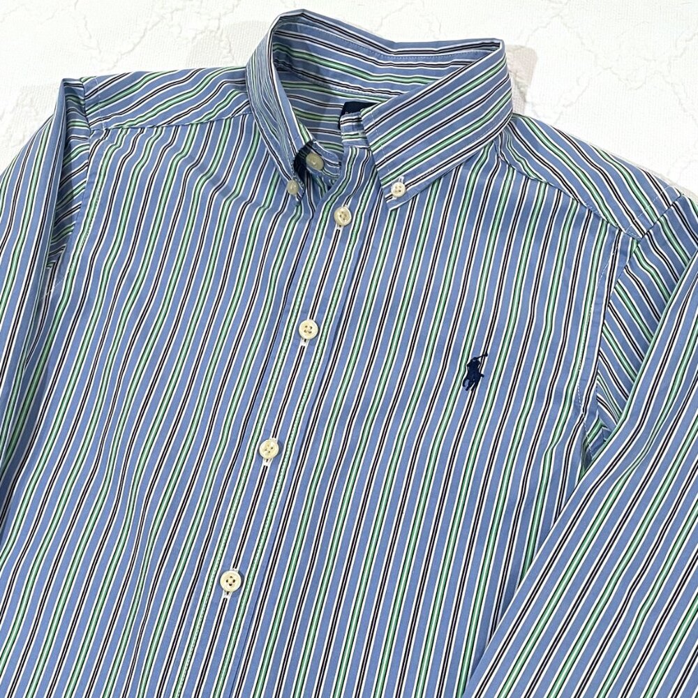 Ralph Lauren Blue Green White Stripe Long Sleeve Dress Shirt Boys Size M 10-12